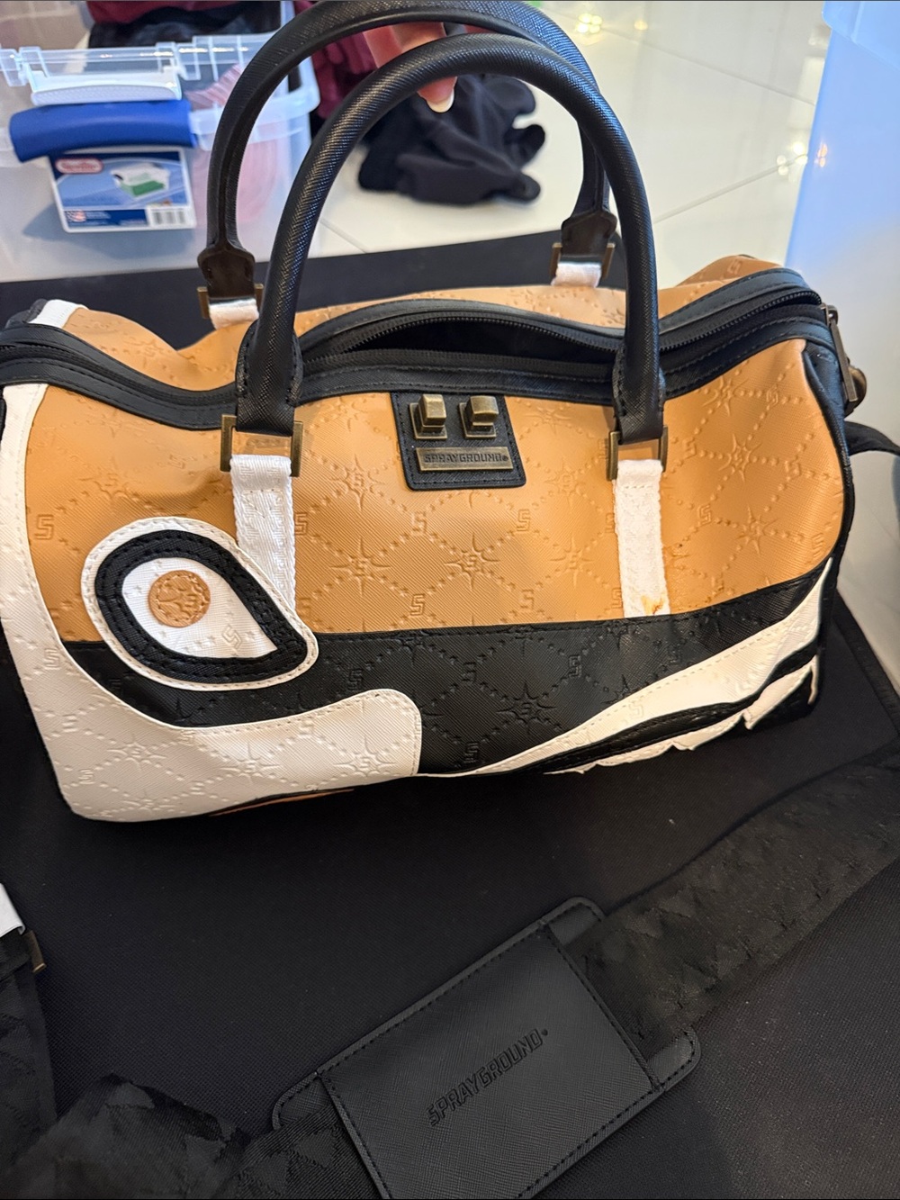 Sprayground Tan, Black & White Graphic Crossbody Satchel